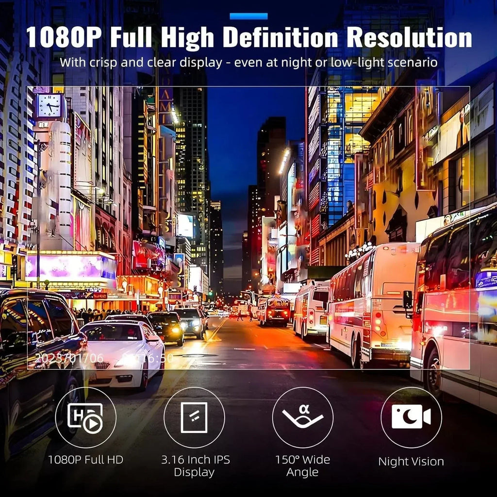1080P HD Front and Rear Dash Camera for Car Driving Recorder with IR Night Vision G Sensor 3 1 6 Inch IPS Screen 150 Degree Wide Angle Dual Lens Car DVR for Seamless Loop Recording and Parking Guard Safety Shield