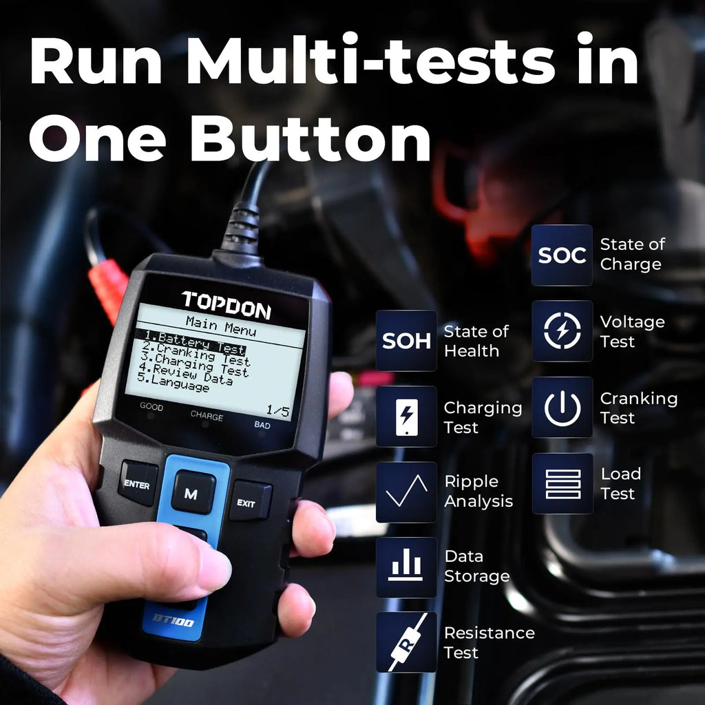 TOPDON BT100 12V Digital Battery Analyzer, Automotive Load Tester, Cranking & Charging System Test, Fast & Accurate for Car, Boat, ATV, Yacht