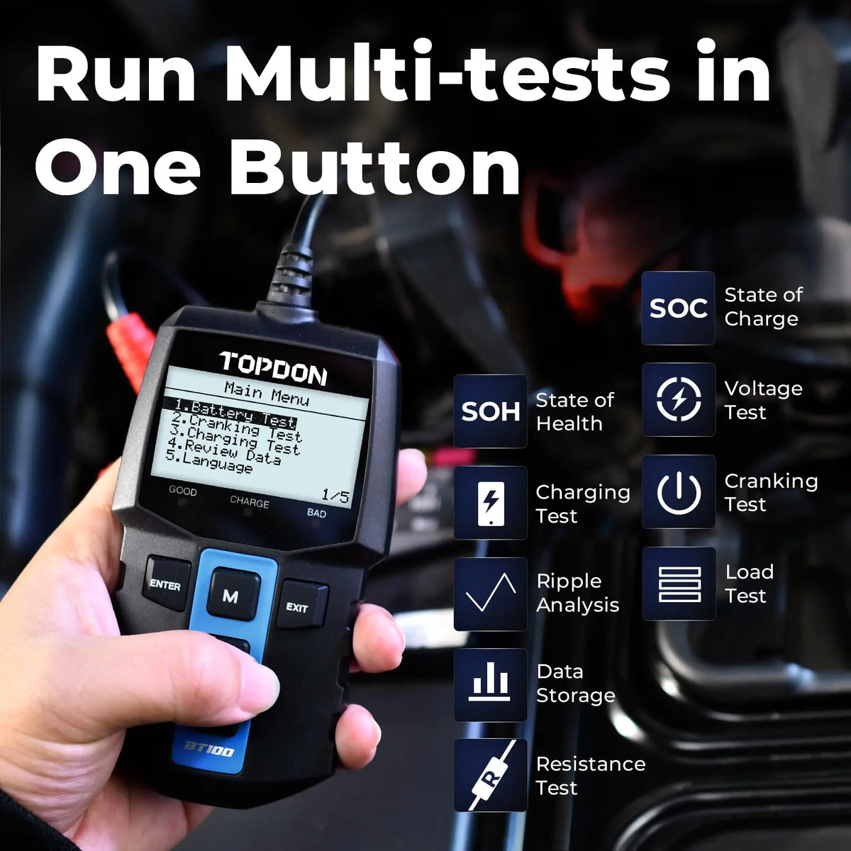 TOPDON BT100 12V Digital Battery Analyzer, Automotive Load Tester, Cranking & Charging System Test, Fast & Accurate for Car, Boat, ATV, Yacht