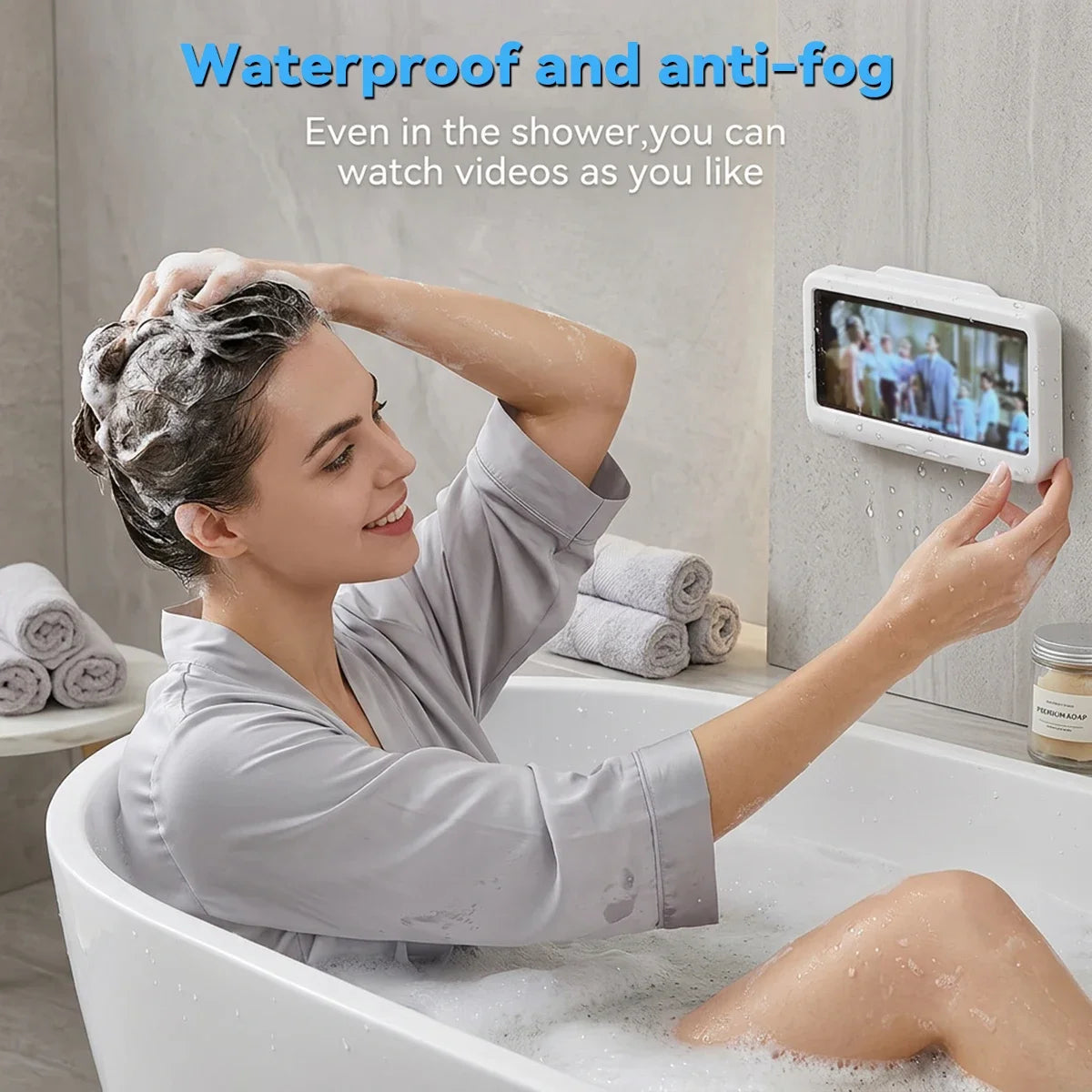 360-Degree Rotating Waterproof Shower Phone Holder, Anti-Fog Touchscreen Wall Mount Case