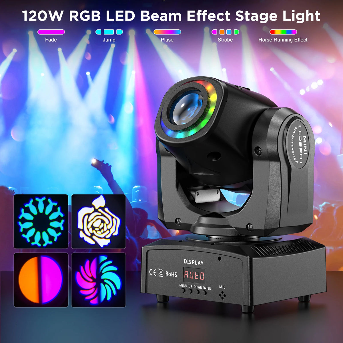 120W LED Beam Moving Head Light RGB Color Mixing 8 Patterns DMX Effect Light Rotating Stage Light for DJ Show Party KTV