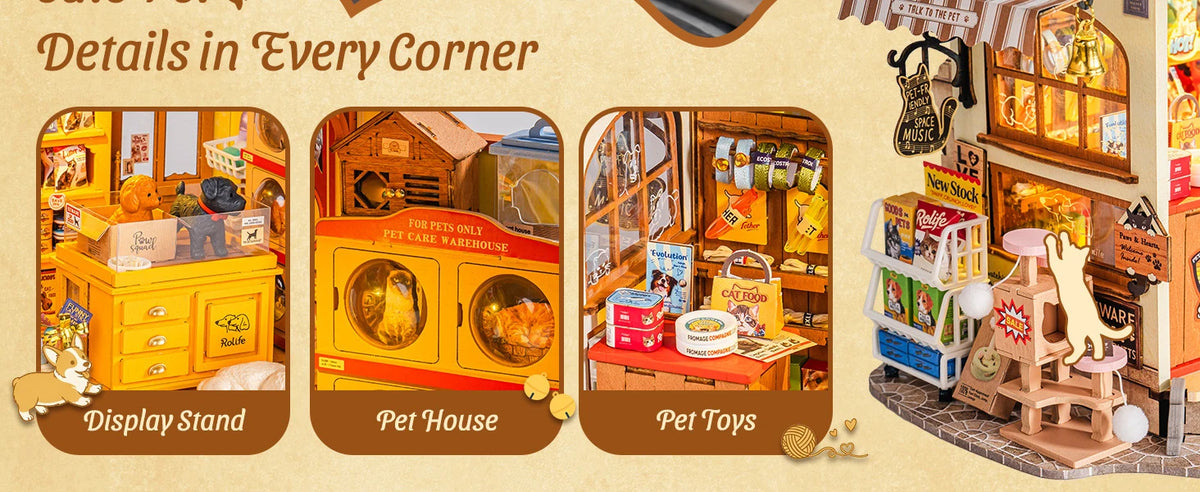 Rolife DIY Miniature House Kit Pet Store Dollhouse Wooden 3D Puzzle Model Building Kit with LED Light for Home Decor Suitable for Adults and Kids