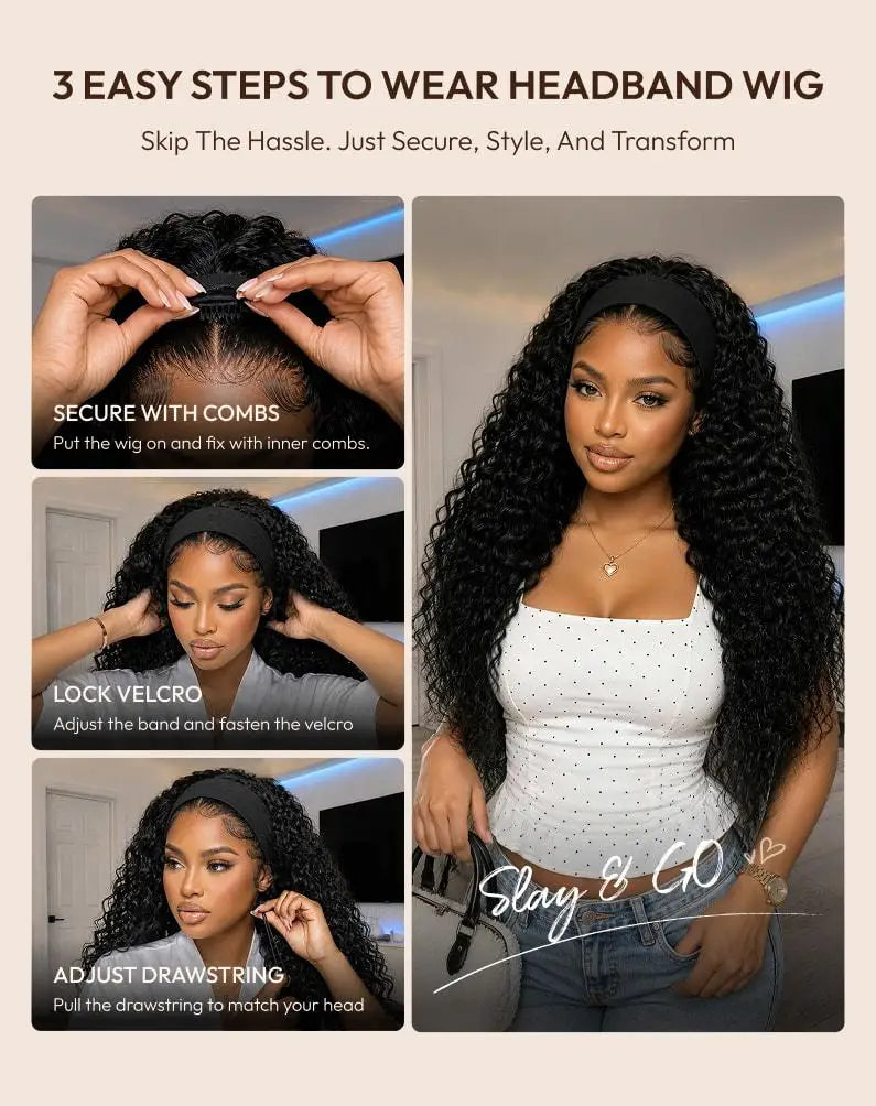 UNice Hair Water Wave Human Hair Headband Wig & Half Wig 2-In-1 Beginner Friendly Ready To Go Glueless Wig With Drawstring