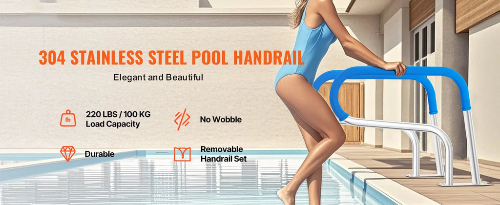SucceBuy Pool Handrail Stainless Steel with Base Plate for Indoor/Outdoor Swimming Pool Safety Railing w/ Grip Cover for Decks
