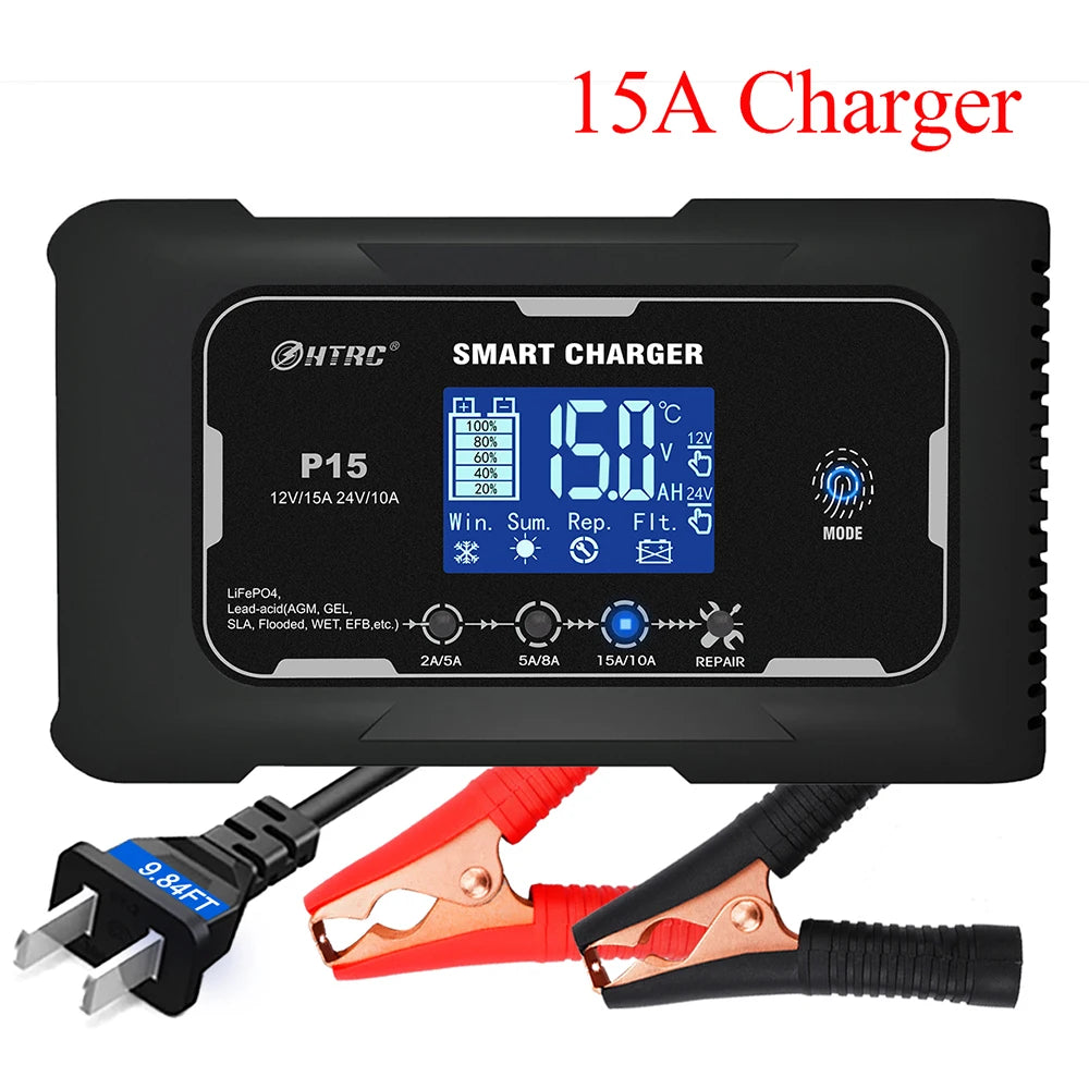 12V-24V 35A/25A/20A/15A/10A Car Battery Charger LCD Automatic Pulse Repair Charge for Lifepo4 AGM Lead-Acid Lithium Batteri