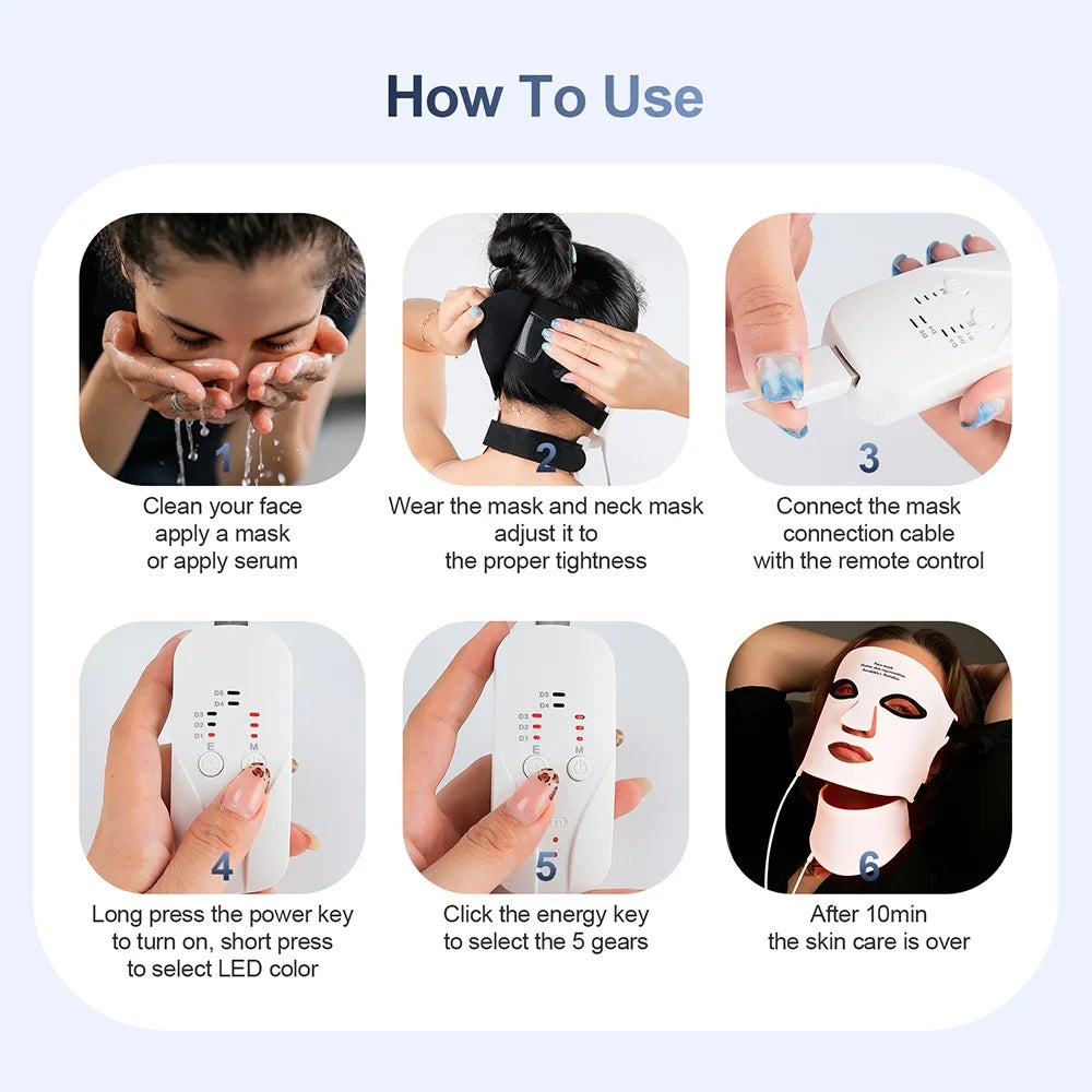 Silicone LED Face Neck Mask 7 Colors Red Light Infrared Photon Therapy Mask Flexible Wireless LED Beauty Mask for Skin Repair Rejuvenation Home Skin care