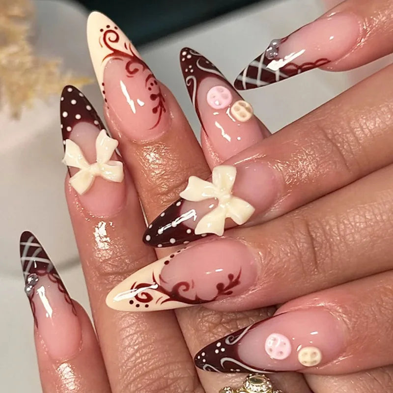 24Pcs Almond Press On Nails, Full Coverage False Nails (Random Style)