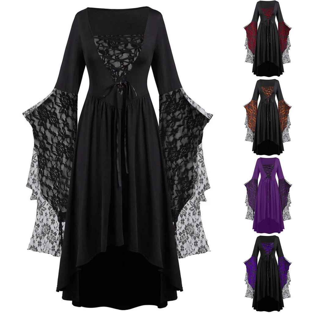 Women Gothic Plus Size Long Dresses Halloween Lace Dress Flare Sleeve Halloween Dresses Cosplay Costume Gothic Clothes For Women