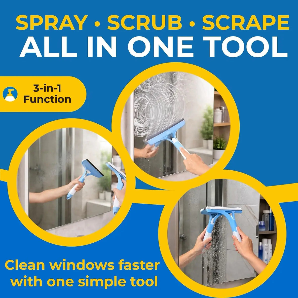 3 in 1 Integrated Window Squeegee with Spray Bottle Multifunctional Handheld Glass Cleaning Tool with Microfiber Scrubber and Silicone Blade Refillable Window Cleaner for Mirrors Shower Doors Tiles Car Windows Multiple Colors
