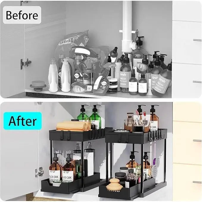 2 Tier Sliding Under Sink Organizer with 5 Side Hooks and 3 Detachable Hanging Baskets,Pull Out Rustproof Metal Storage Rack,Tool Free Assembly