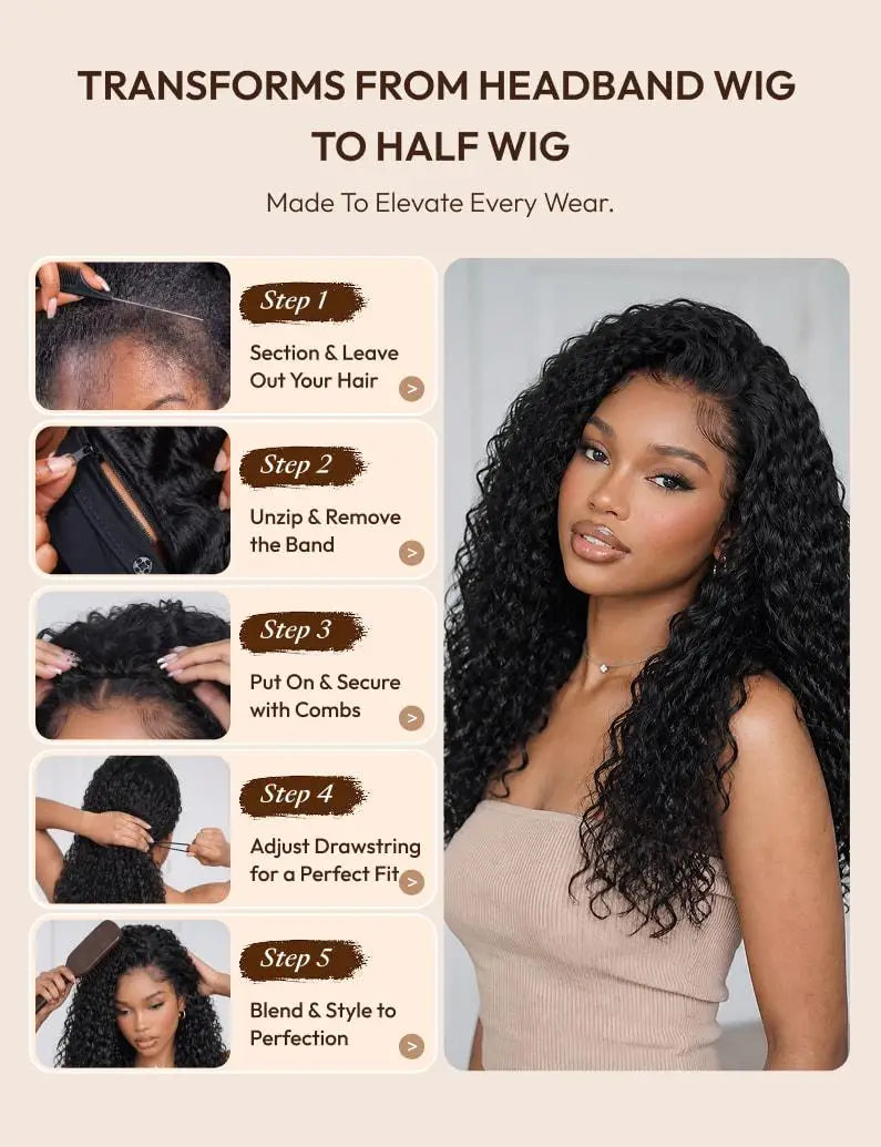 UNice Hair Water Wave Human Hair Headband Wig & Half Wig 2-In-1 Beginner Friendly Ready To Go Glueless Wig With Drawstring