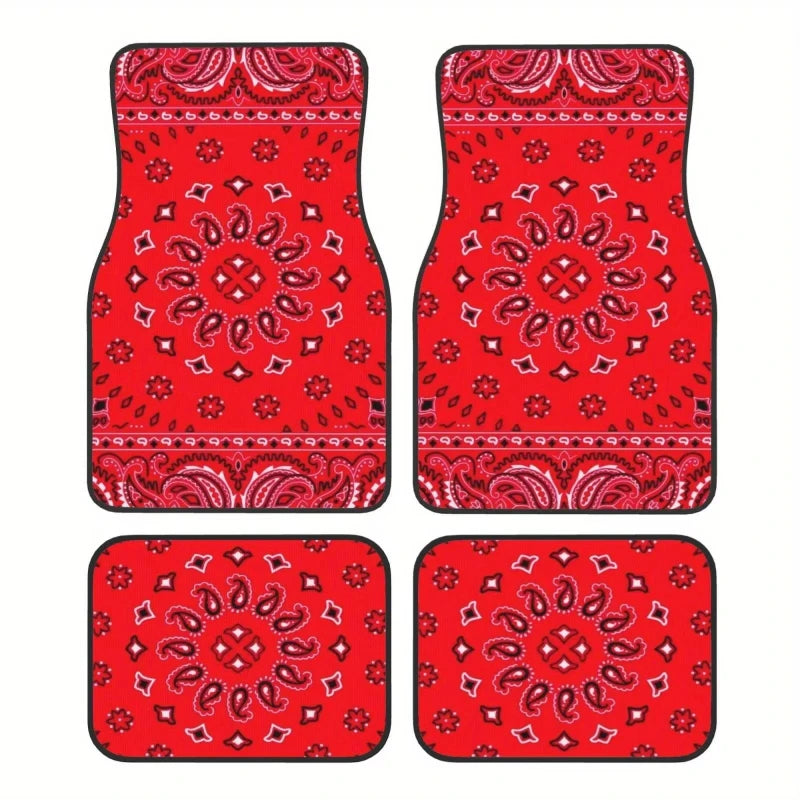 Red Bohemian Paisley Car Floor Mats, 4-Piece Universal Anti-Slip Auto Carpet Set
