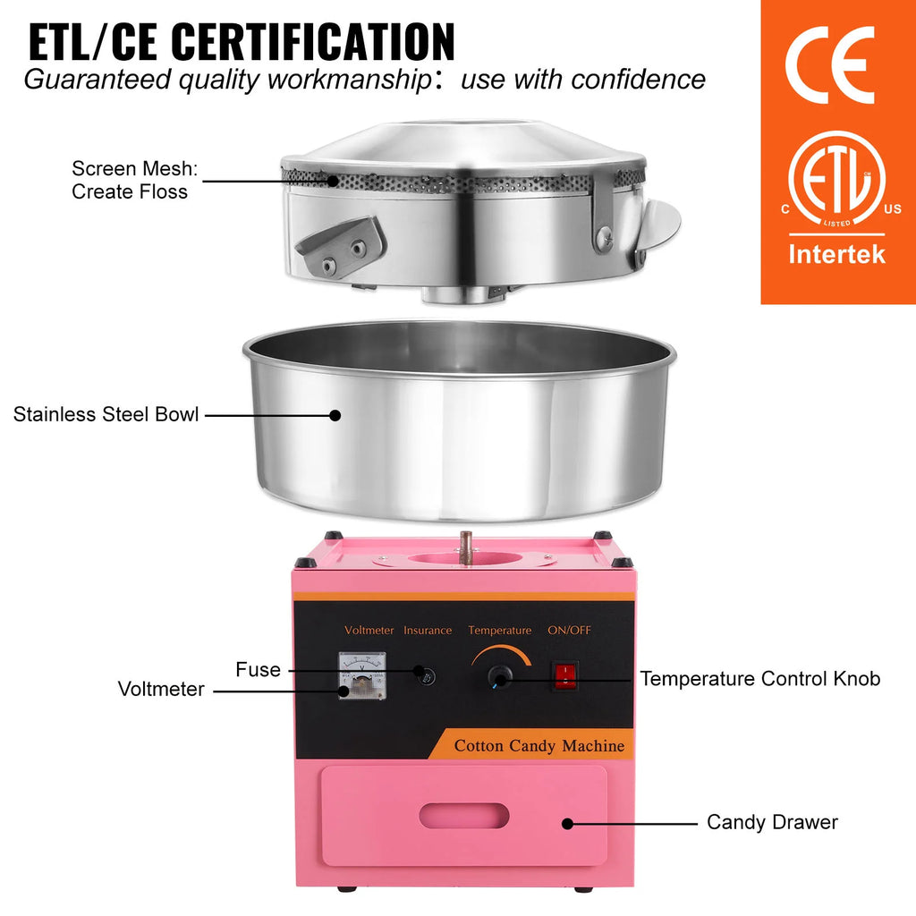 SucceBuy Electric Cotton Candy Machine Commercial Floss Maker with Stainless Steel Bowl Sugar Scoop Drawer for Birthday Party
