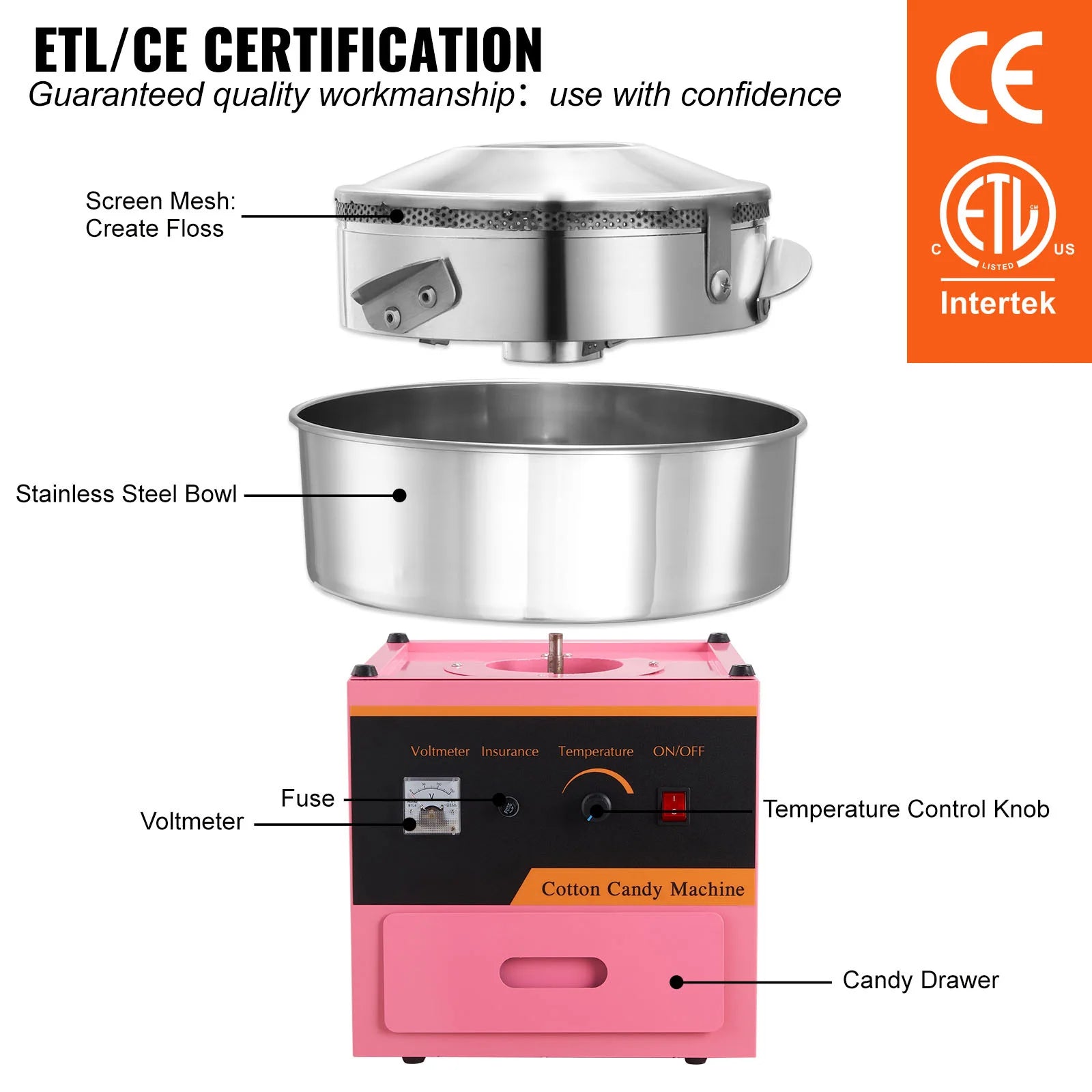 SucceBuy Electric Cotton Candy Machine Commercial Floss Maker with Stainless Steel Bowl Sugar Scoop Drawer for Birthday Party