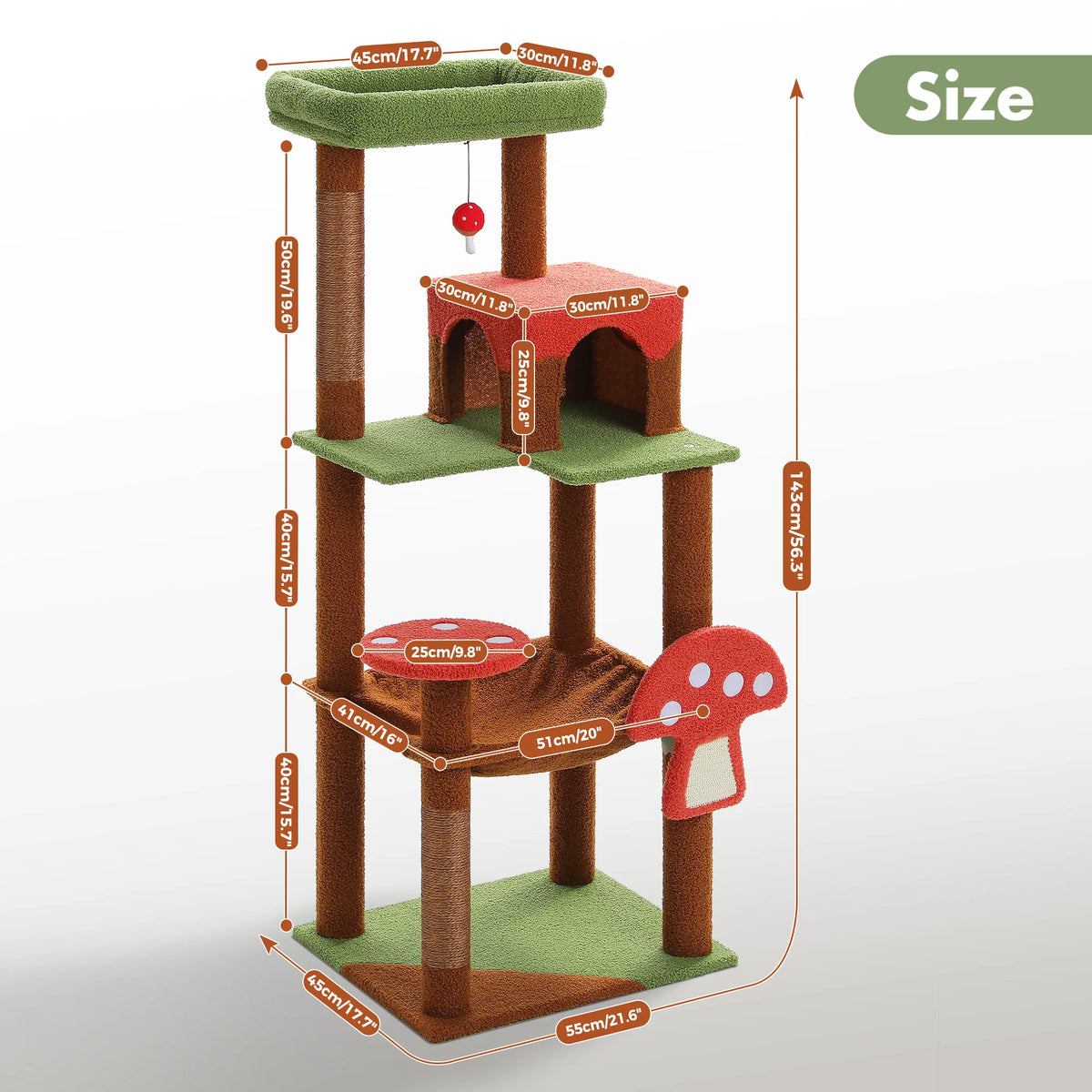 Multi-Level Cat Tree with Scratching Posts Removable Scratcher Large Cat Condo Hammock Mushroom Cat Tower for Indoor Cat Toys