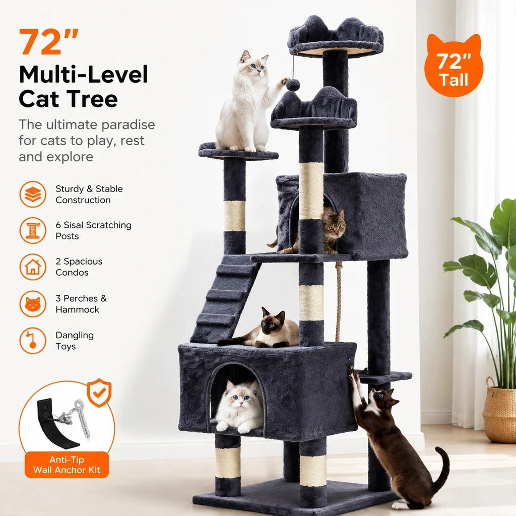 72 Inch Large Cat Tree Tower with Scratching Posts, Multi Level Cat Condo Furniture with Perches, Hammock & Toys, Stable Indoor Activity Center for Cats