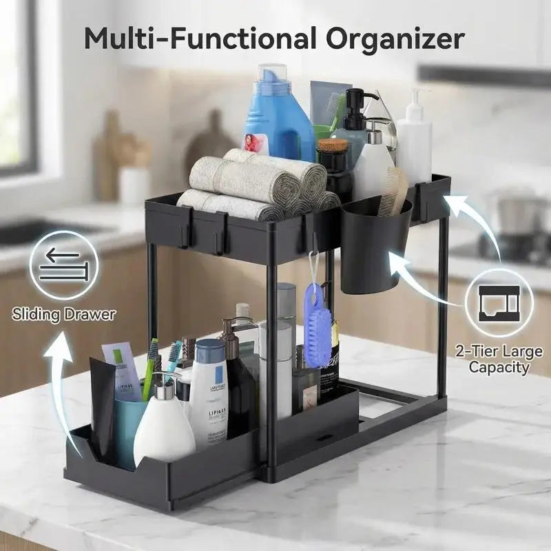 2 Tier Sliding Under Sink Organizer with 5 Side Hooks and 3 Detachable Hanging Baskets,Pull Out Rustproof Metal Storage Rack,Tool Free Assembly