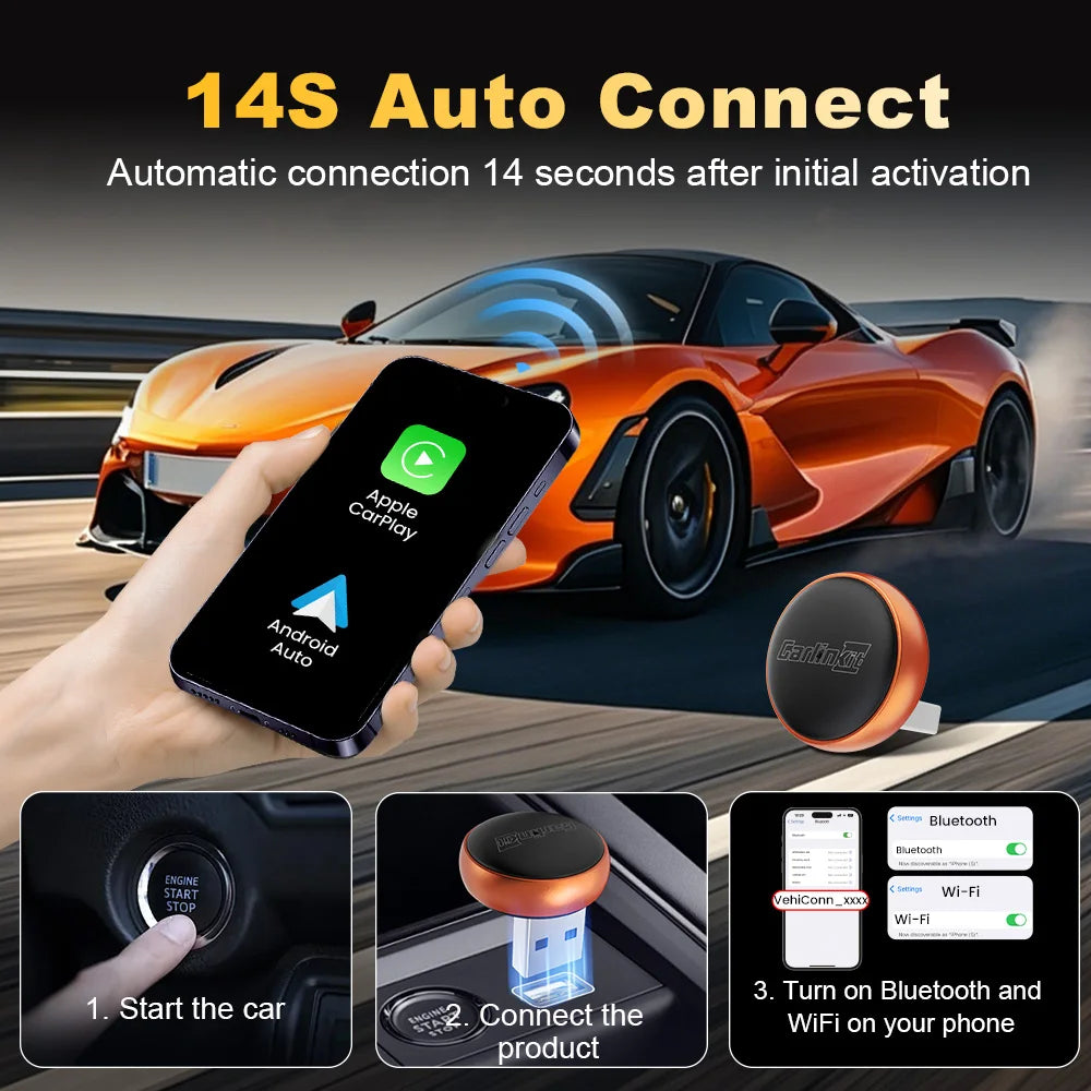 CarlinKit Mini Ultra 3 Wireless CarPlay and Android Auto Adapter, 2-in-1 Plug and Play