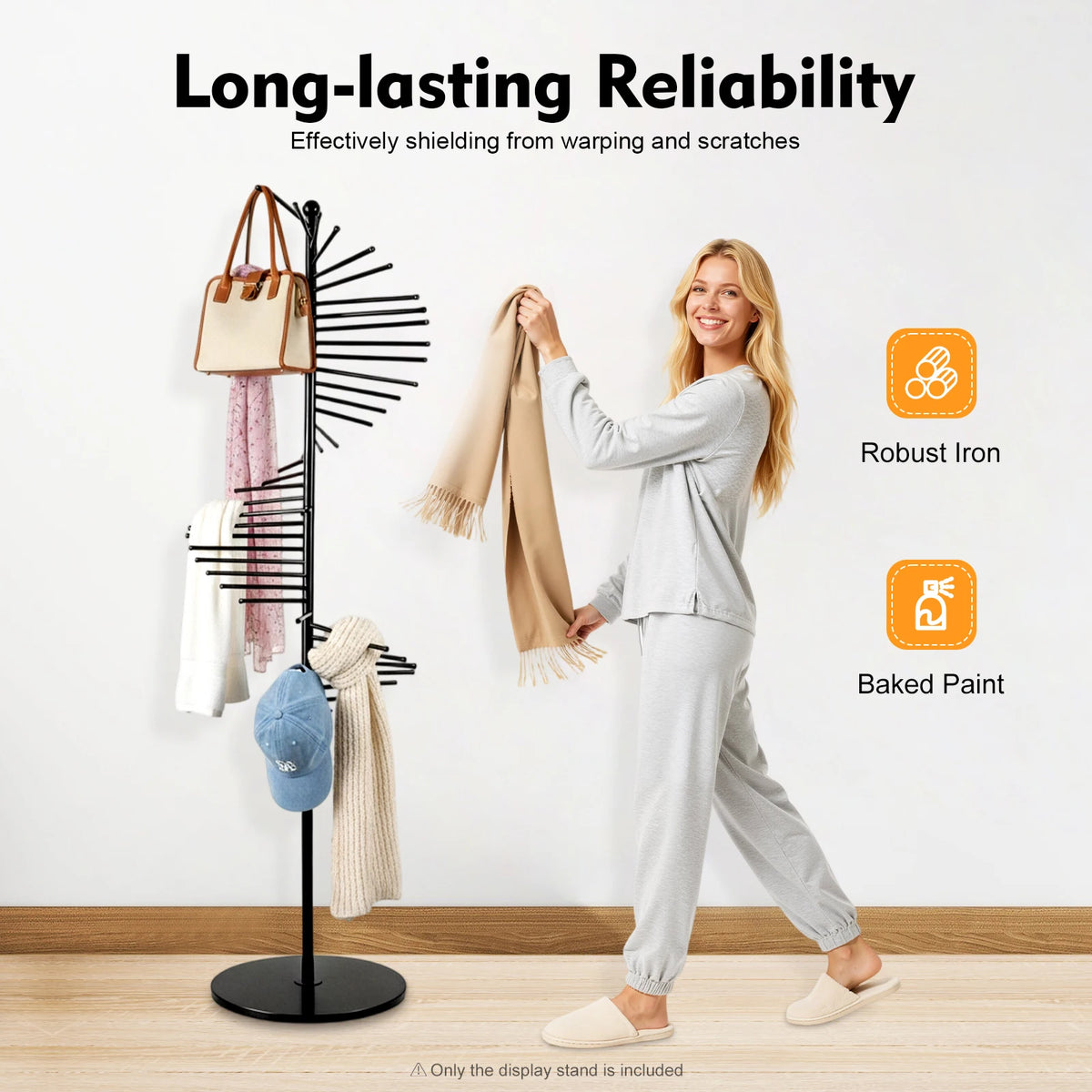 Freestanding Spiral Scarf Display Rack Black Baking Paint Iron Floor Shawl Organizer 5.58FT Tall 16.54IN Base Anti-Rust Anti-Slip Round Edge Easy Assemble For Clothing Store Mall Closet Hat Belt Jewelry Display
