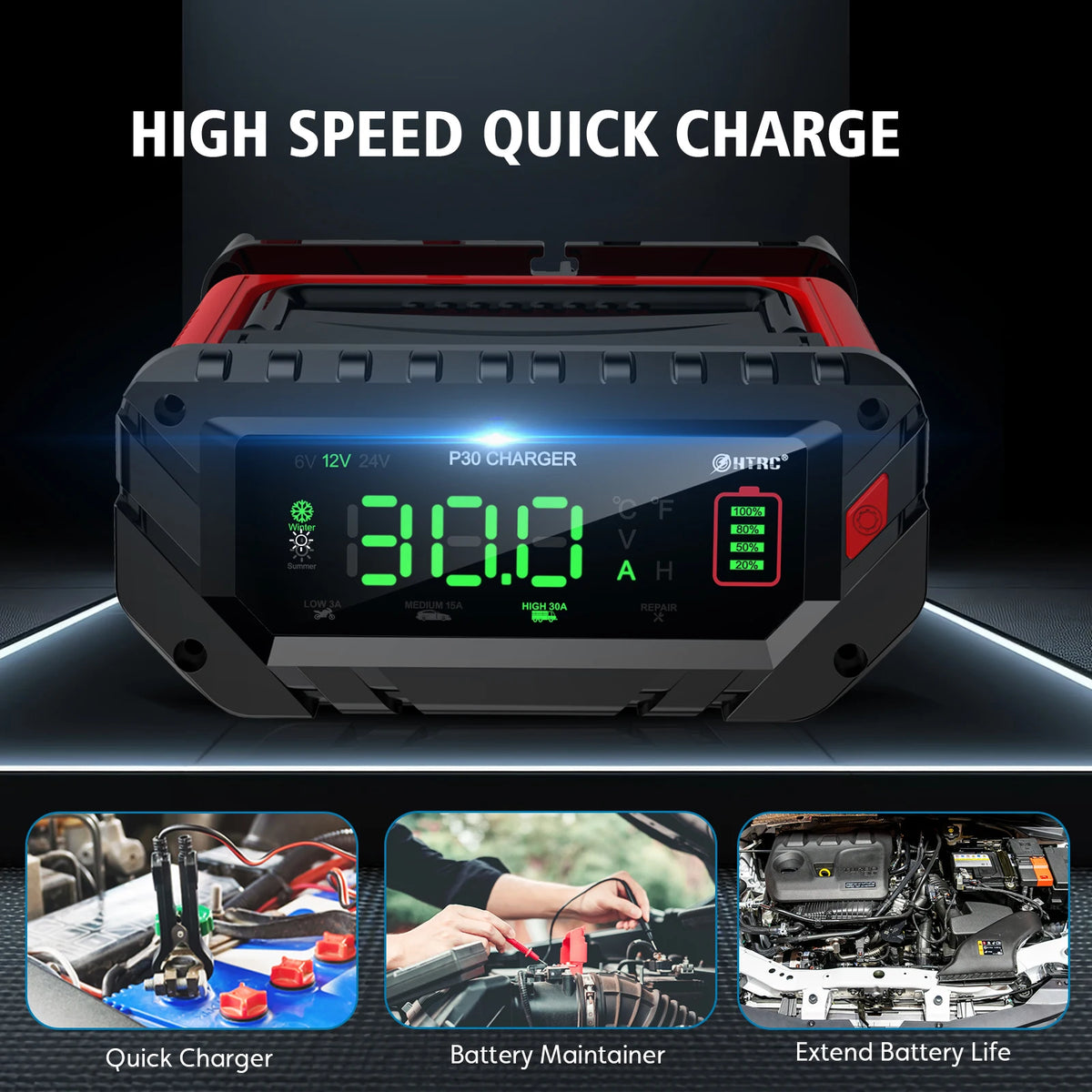 HTRC 30A/26A 6V/12V/24V Car Battery Charger for Motorcycle Lead-Acid SLA Gel Lithium LiFePo4 Portable Smart Battery Charger