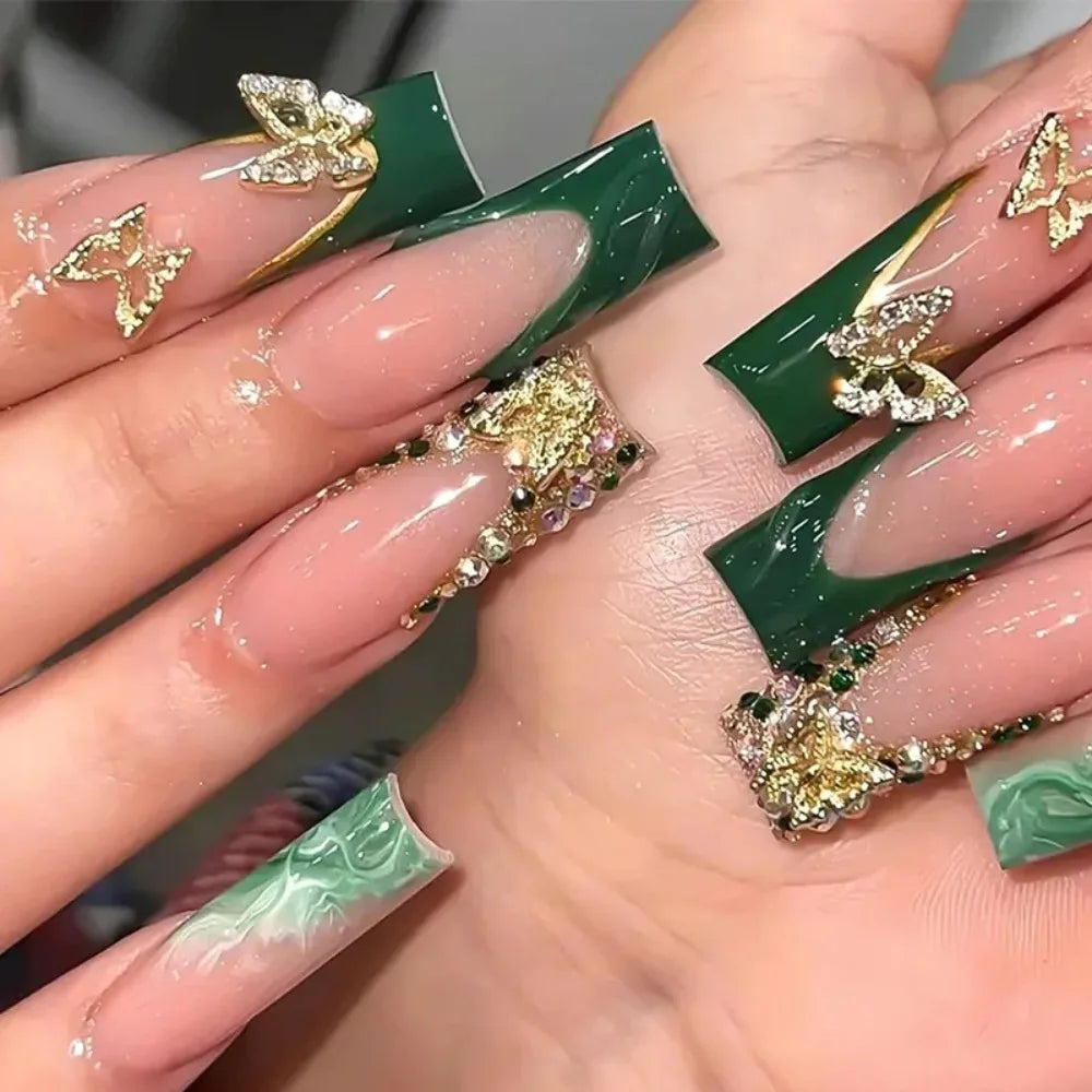 24Pcs Green French Golden Butterfly Square Press On Nails,Reusable Removable,For Daily Wear,High Quality Nail Art