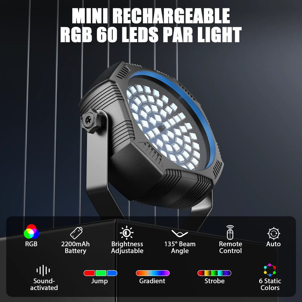 U'King 1/2/4Pcs Mini RGBW 60LED Par Lights Built In Battery Rechargeable Stage Strobe Lights With Remote For Music Bar KTV Party