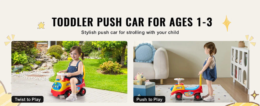 Toddler Ride-On Push Car with Music, Steering Wheel and Under-Seat Storage