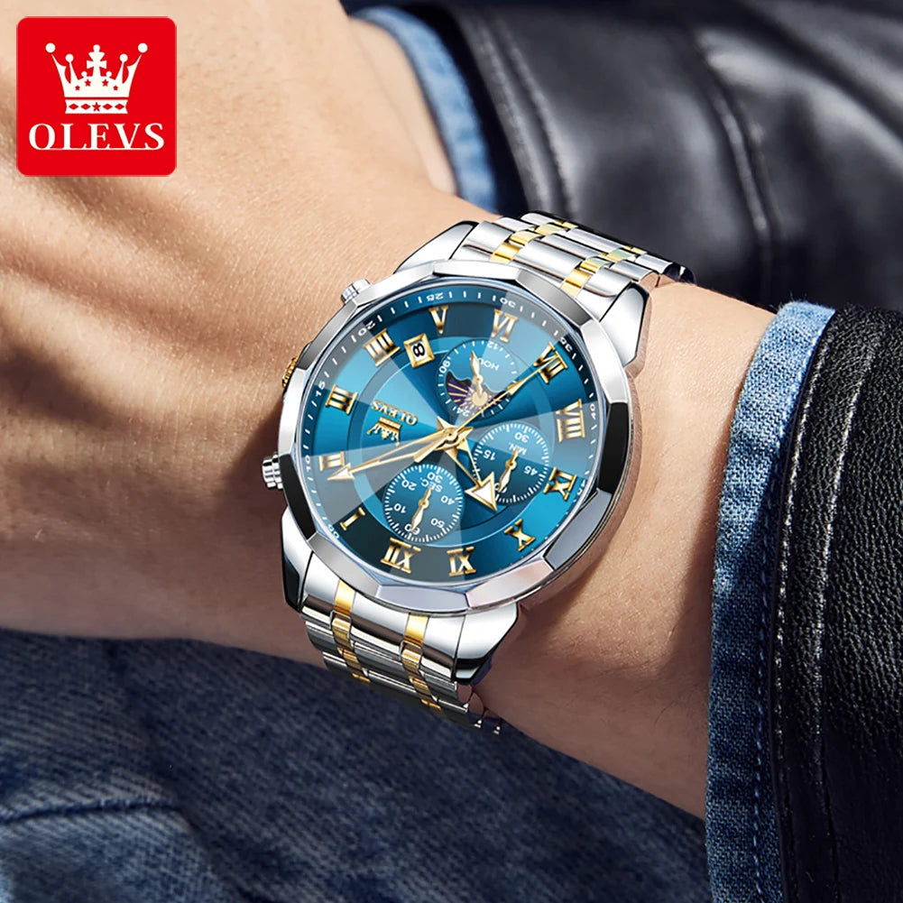OLEVS Men's Chronograph Watch with Moon Phase, Waterproof Multifunction Quartz Wristwatch