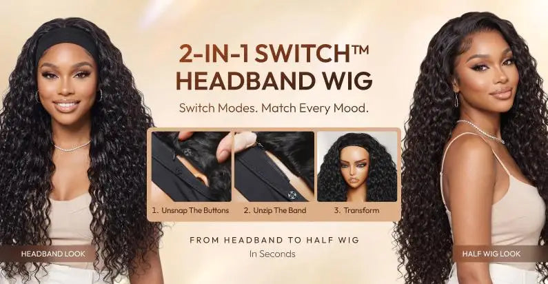 UNice Hair Water Wave Human Hair Headband Wig & Half Wig 2-In-1 Beginner Friendly Ready To Go Glueless Wig With Drawstring