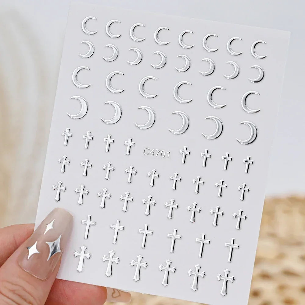 3D Silver Star & Heart Nail Stickers, 6 Sheets