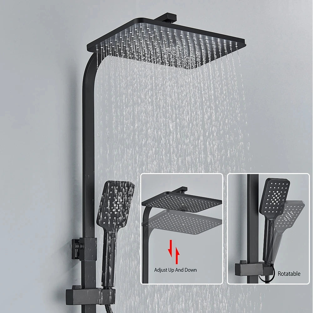 Rainfall Shower Faucet Set with Bathroom Shelf, Height-Adjustable Brass Bathtub Mixer