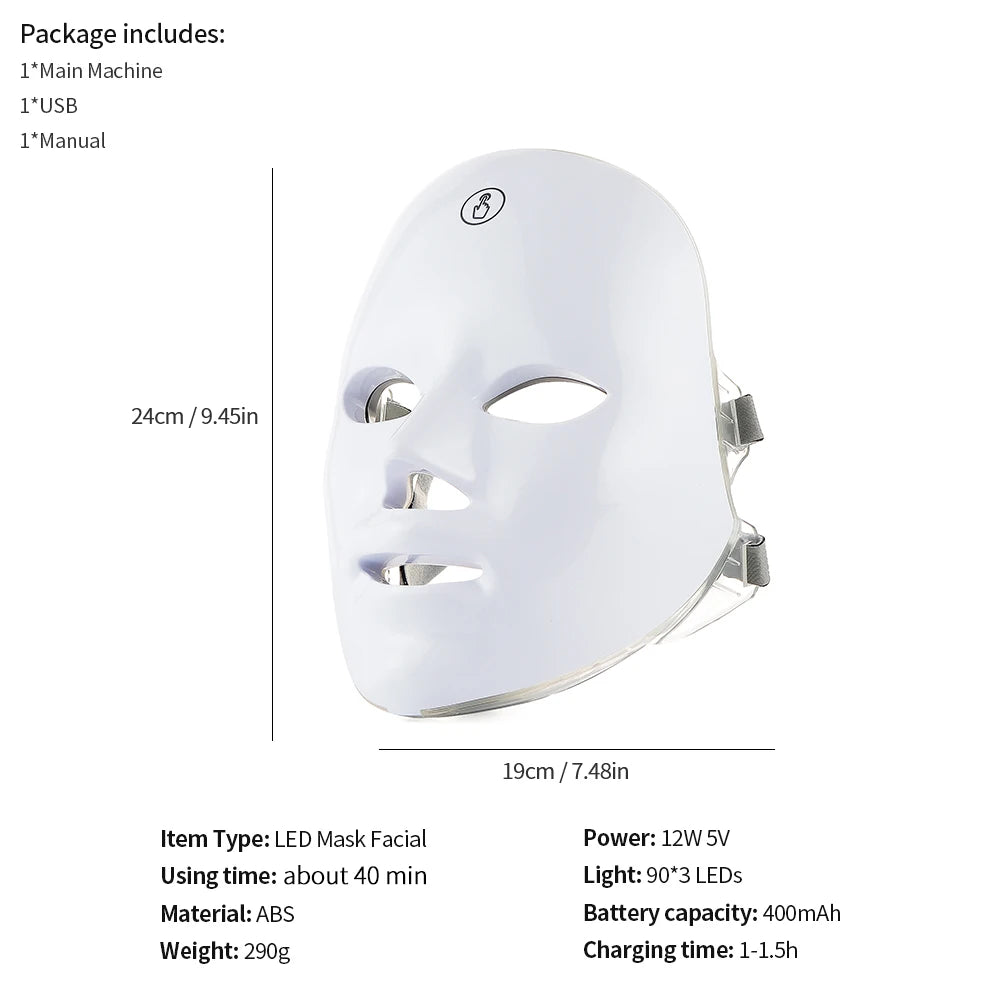 Wireless LED Face Mask with 7 Light Colors, Rechargeable Portable Facial Skincare Device
