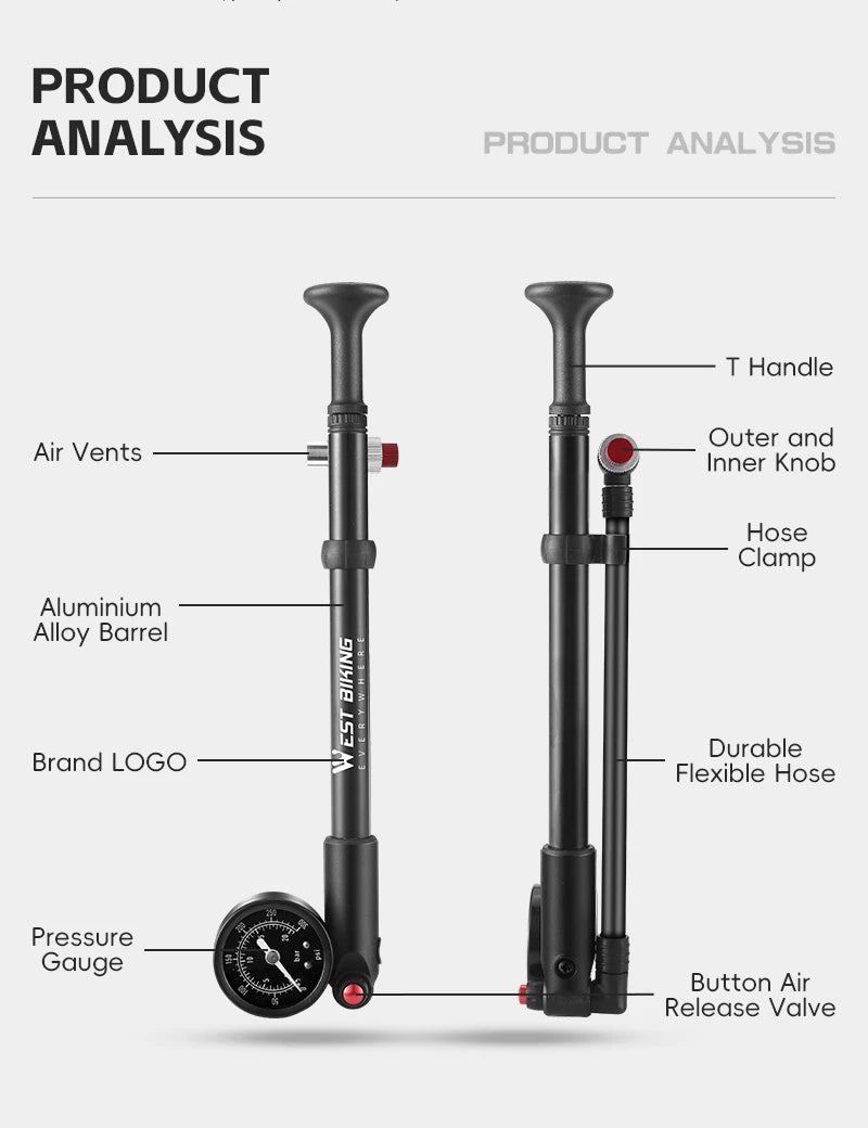 WEST BIKING 400PSI Bicycle Air Pump High Pressure MTB Bicycle Pump Front Fork Rear Suspension Pressure Gauge Schrader Valve