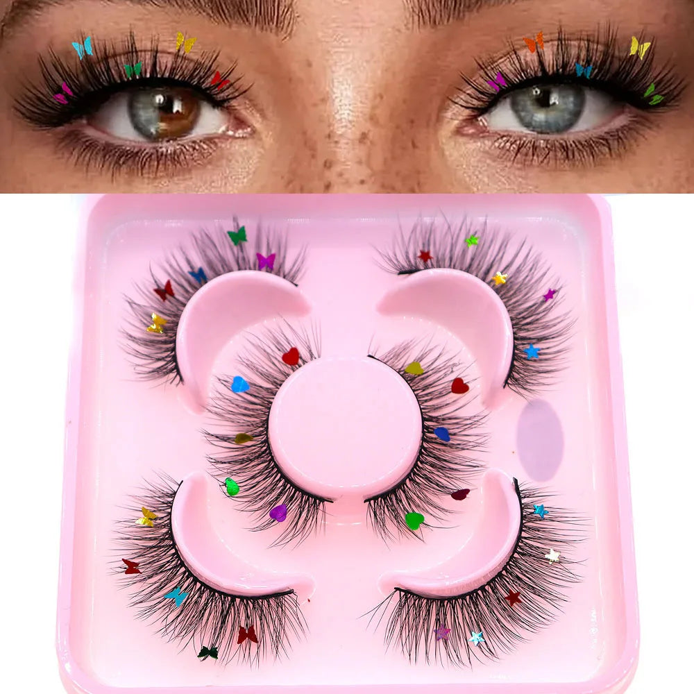 3 Pairs Set Star Butterfly Heart Shaped Sequin False Eyelashes Fairy Wand Party Halloween Christmas Colorful Sequin Eyelashes
