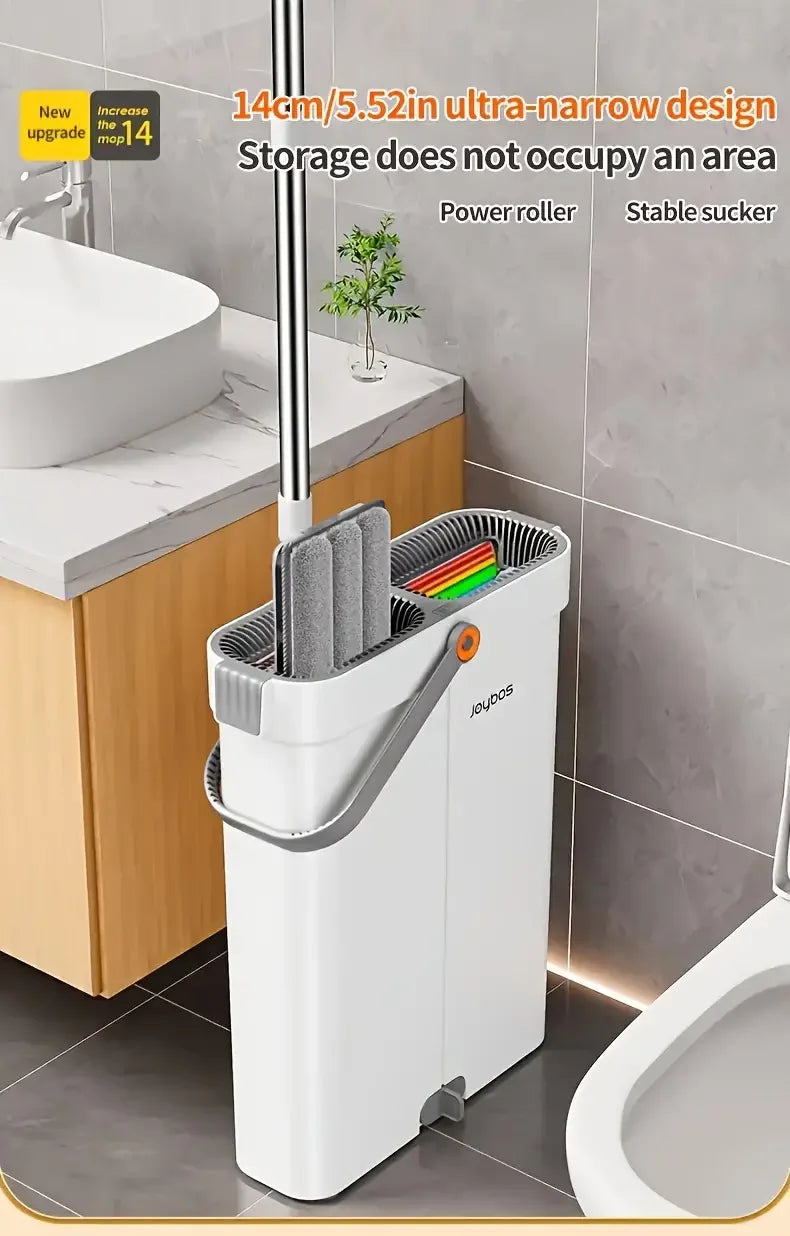 Ultra-Slim Flat Mop and Bucket System, Hands-Free Wash & Dry Floor Mop Set with 2 Microfiber Pads