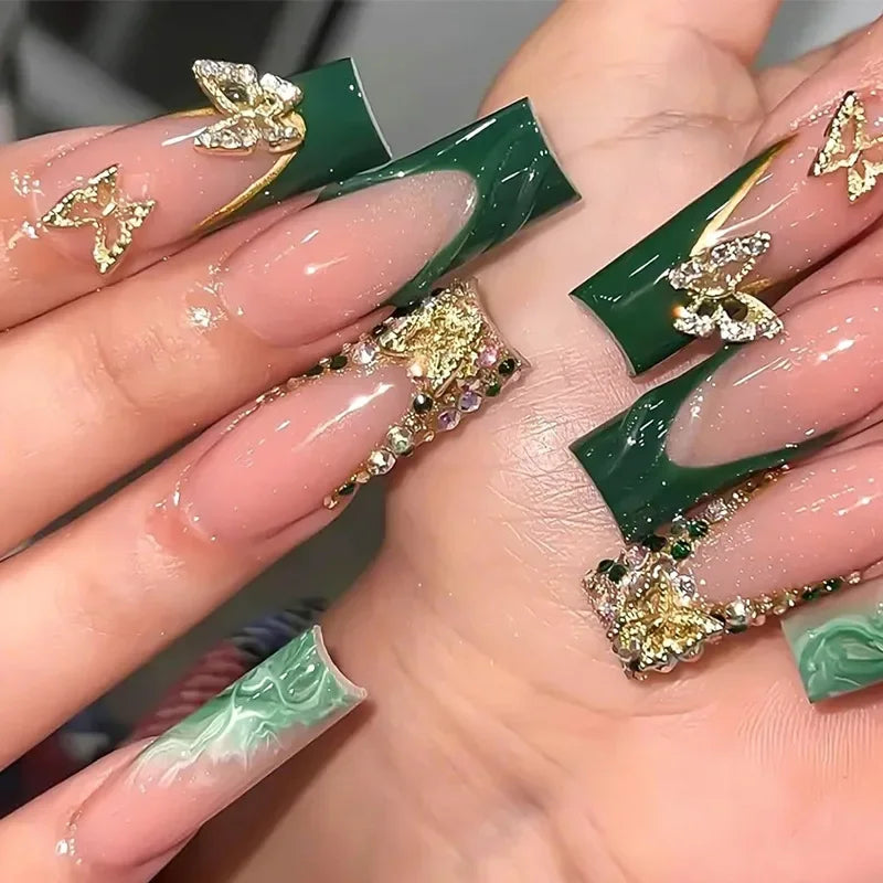 24Pcs Green French Golden Butterfly Square Press On Nails,Reusable Removable,For Daily Wear,High Quality Nail Art