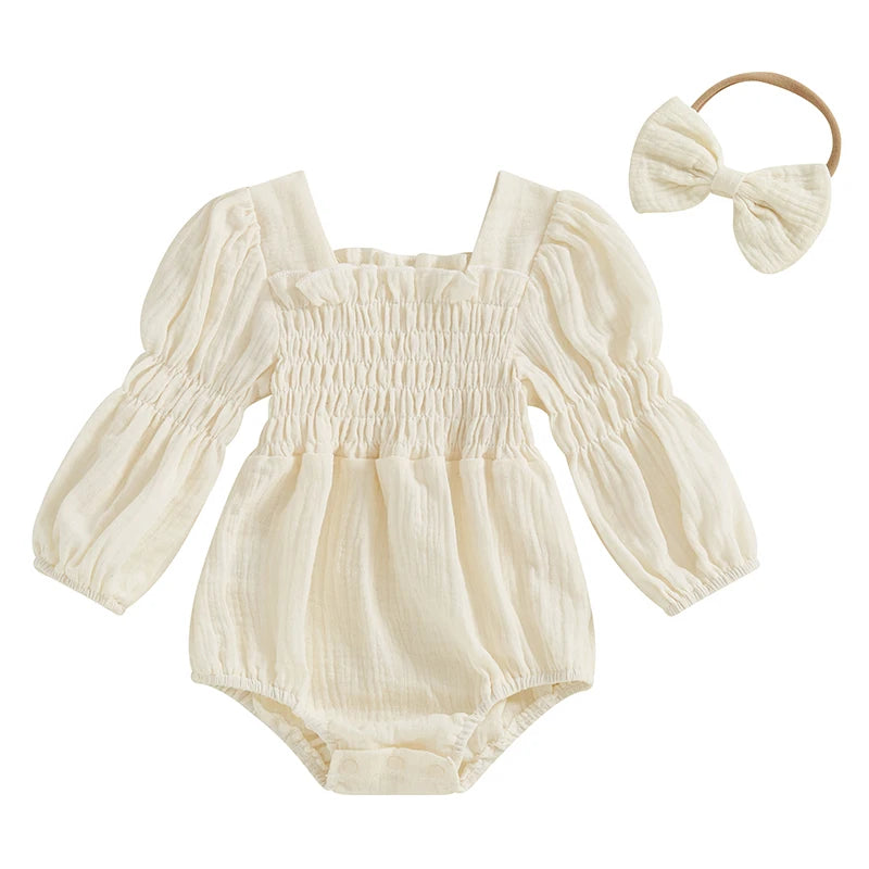 Baby Girls Spring Romper Long Sleeve Square Neck Solid Color Romper with Headband