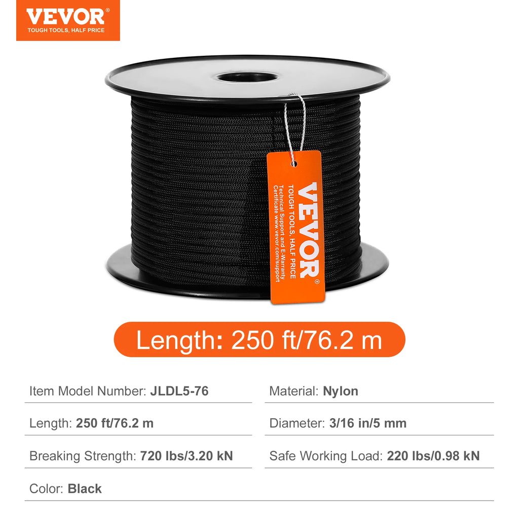 SucceBuy 3/16 in 250/1000ft Nylon Cord 32-Strand Design Multi-Purpose Rope for Outdoor Adventures Tree Work Emergency Situation