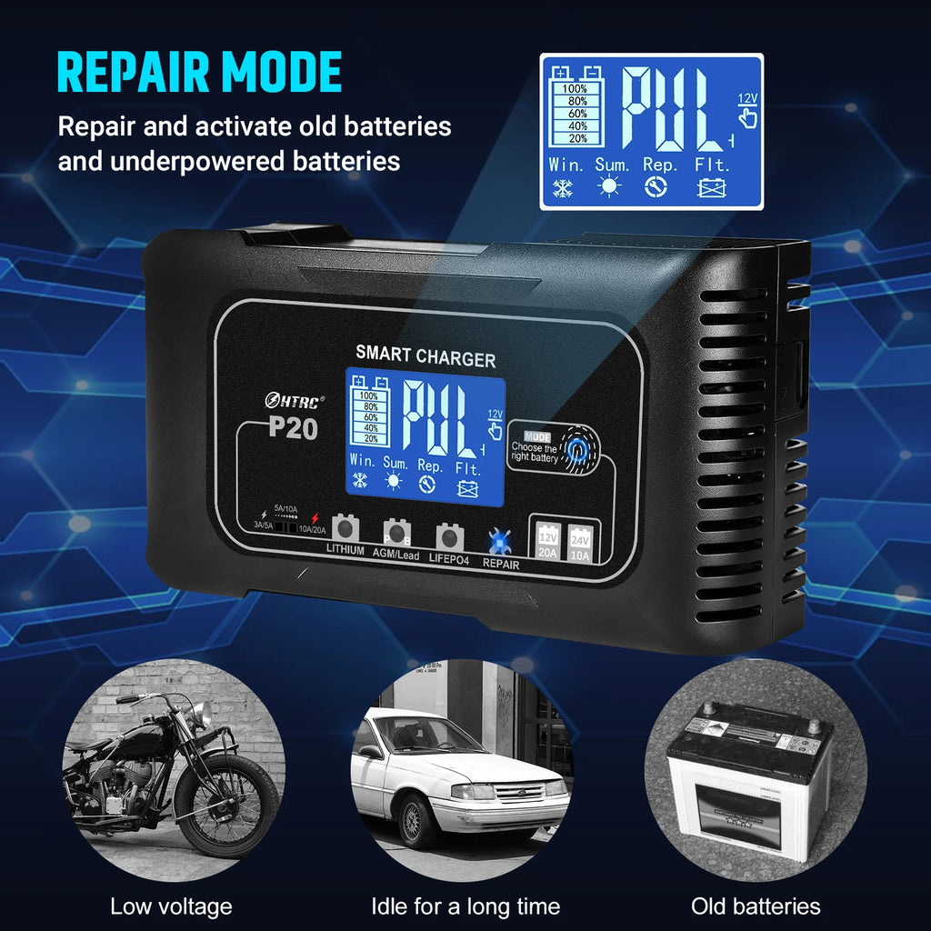 20A 12V-24V Smart Battery Charger for Motorcycle Car Battery Repair Auto Moto Lead Acid AGM GEL PB Lithium LiFePo4 Batteri