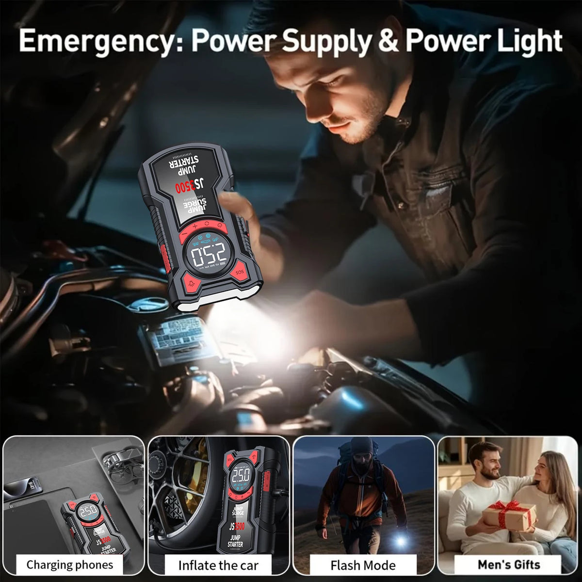PAIVIROKU 5-in-1 Multifunctional Air Pump Jump Starter with Air Compressor 3000A Peak/150PSI Battery Jump Starter Digital Tire Inflator