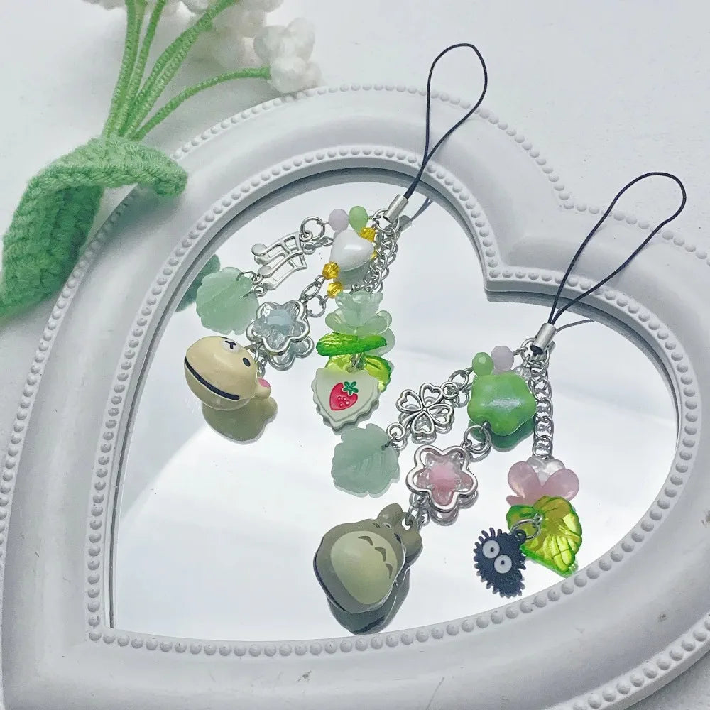 Handmade Beaded Cat Phone Charm Chain, Four-Leaf Clover Y2K Keychain and Bag Charm