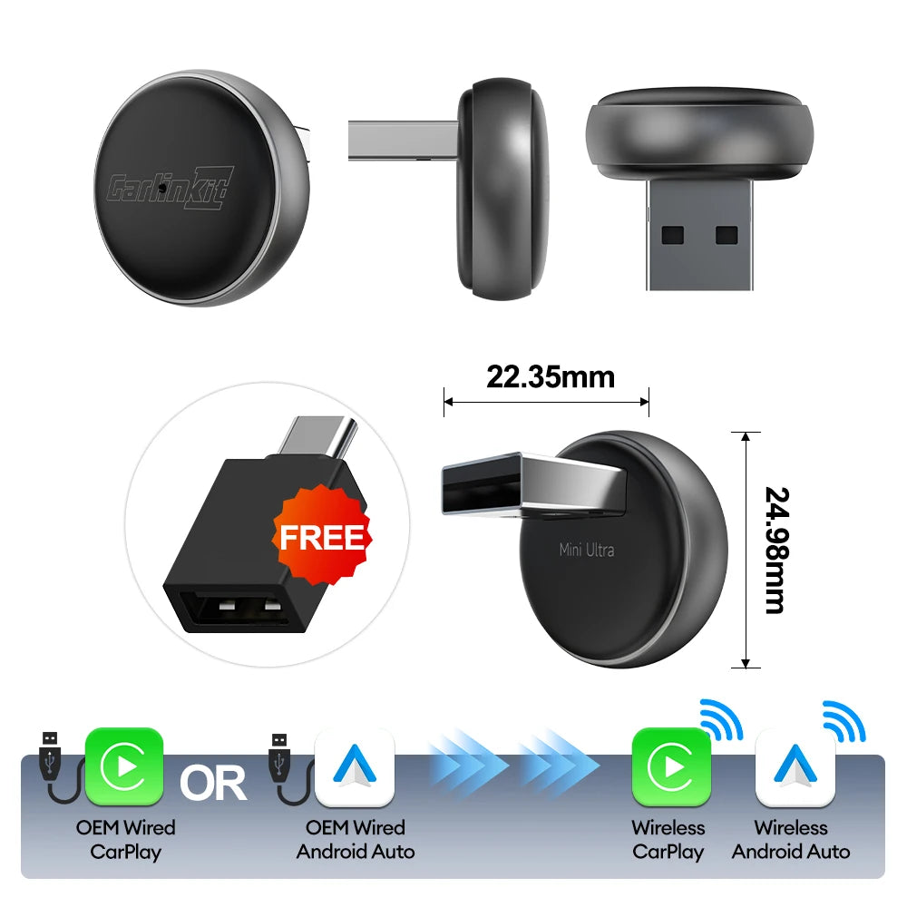 CarlinKit Mini Ultra 3 Wireless CarPlay and Android Auto Adapter, 2-in-1 Plug and Play