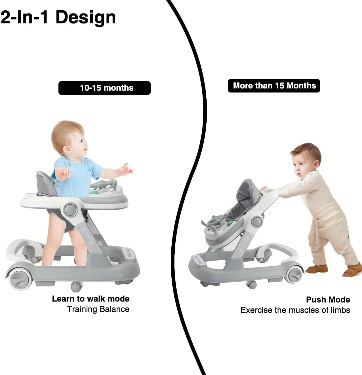 2 in 1 Baby Push Walker and Activity Walker with Removable Feeding Tray and Music Tray, Batteries Not Included