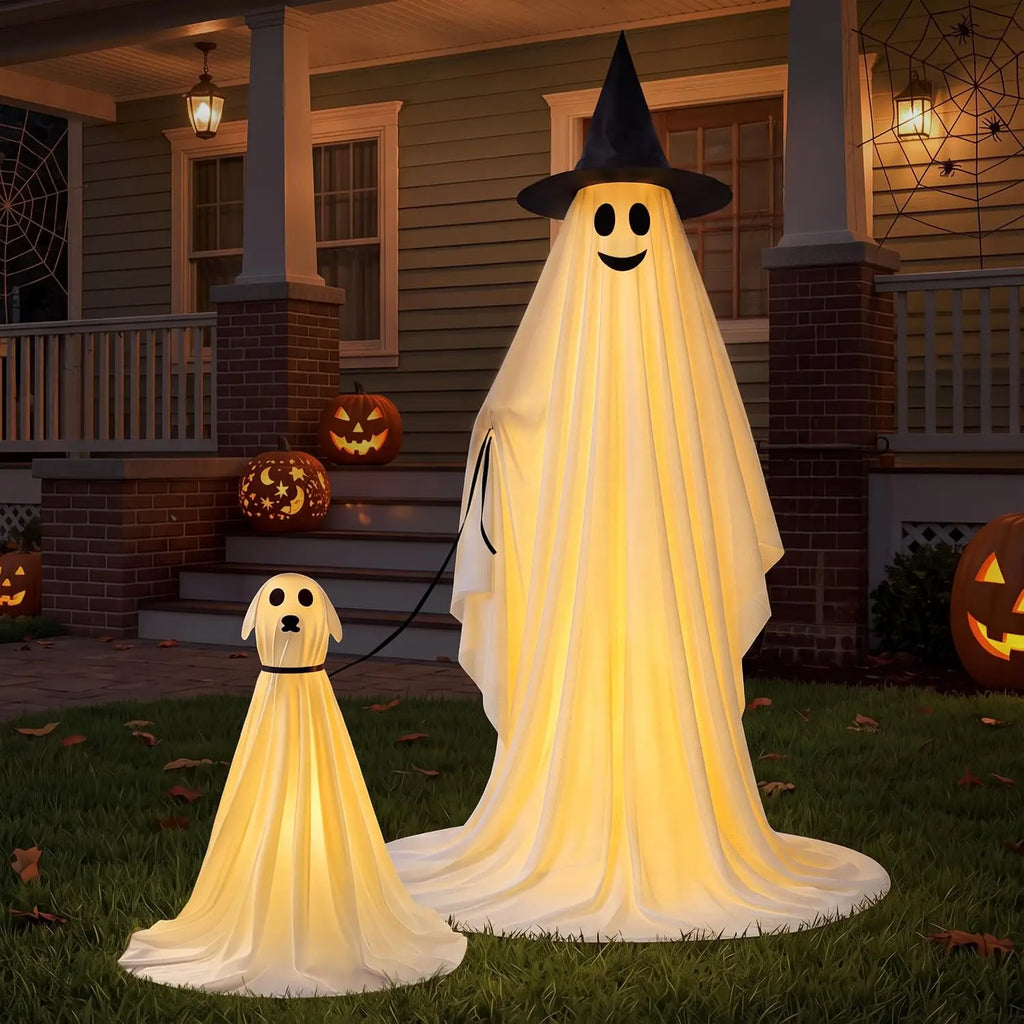 Halloween Standing Ghost Pair with Warm LED Lights, 2 Pcs