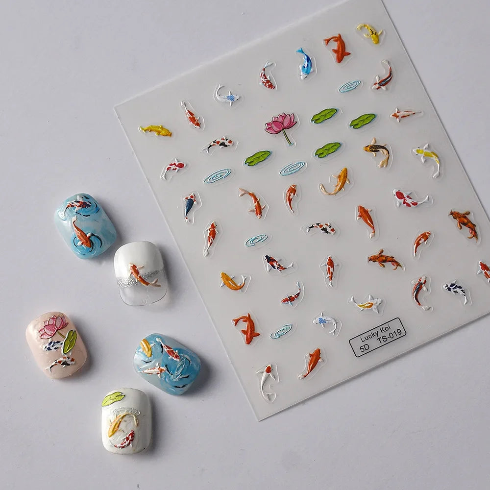 5D Koi Fish Nail Stickers, Green Lotus and Red Carp Nail Art Decals