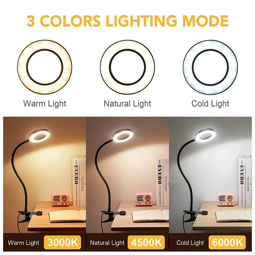 LED Clip-On Magnifying Desk Lamp 5X, USB Dimmable Gooseneck Magnifier Light with 3 Colors