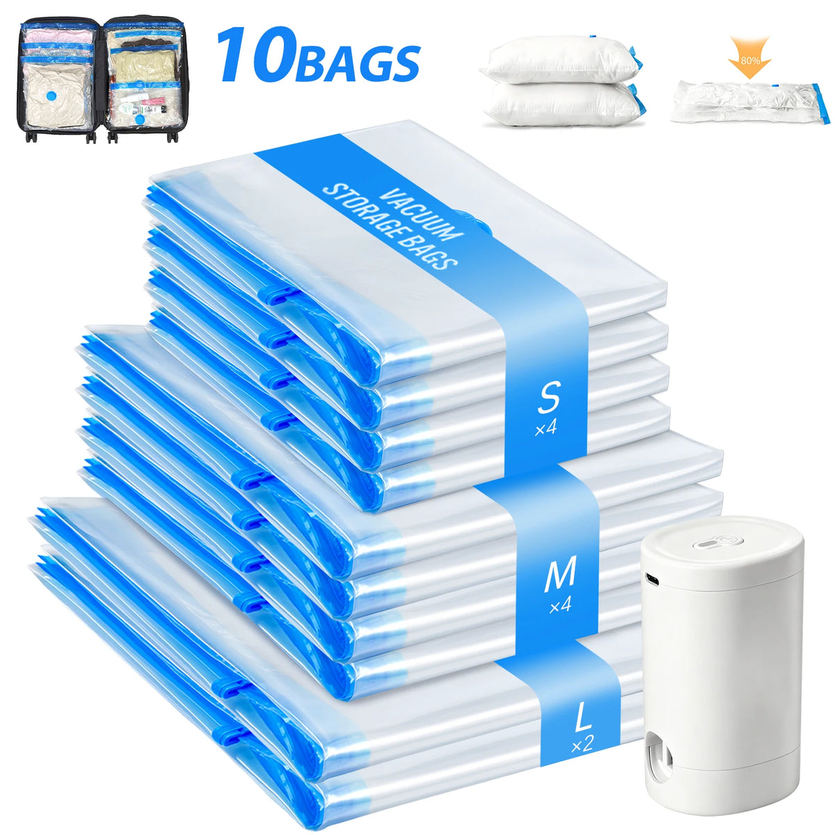 10pcs Vacuum Compression Bags with Rechargeable Wireless Pump, Vacuum Storage Bags Space Saver