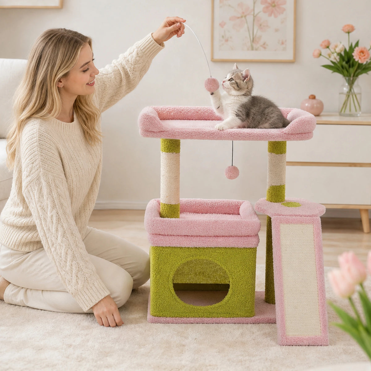 Small Cat Tree for Indoor Cat Tower with Sisal Scratching Post and Pad Wide Top Perch Large Cat Condo Cat Scratchers Cat Toys