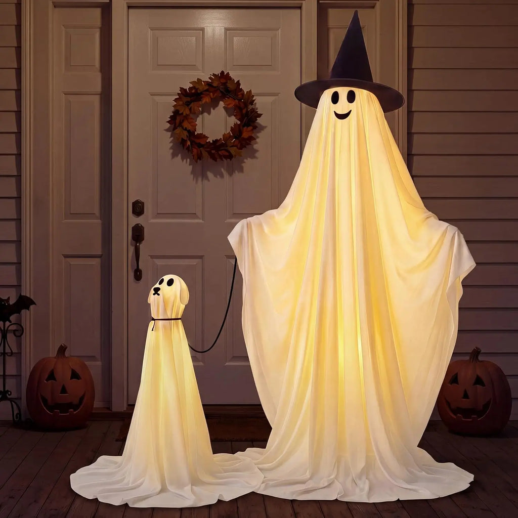 Halloween Standing Ghost Pair with Warm LED Lights, 2 Pcs