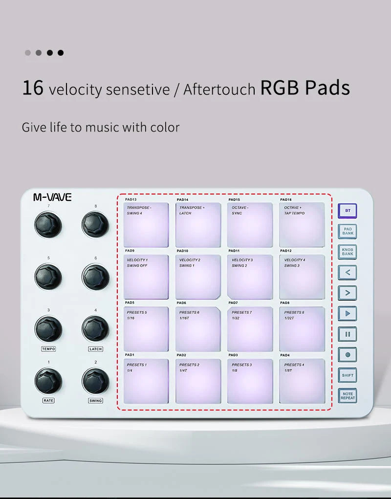 Wireless MIDI Controller, M-VAVE Portable MIDI Pad with 16 Drum Pads and 8 Knobs; USB-Powered, Rechargeable 2000mAh Lithium Battery, Programmable Keyboard for Music creation